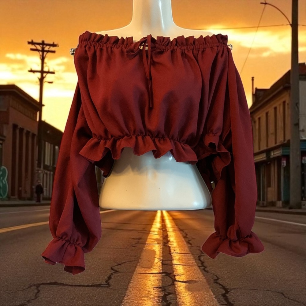 SHEIN Burgundy Off-Shoulder Ruffle Blouse
